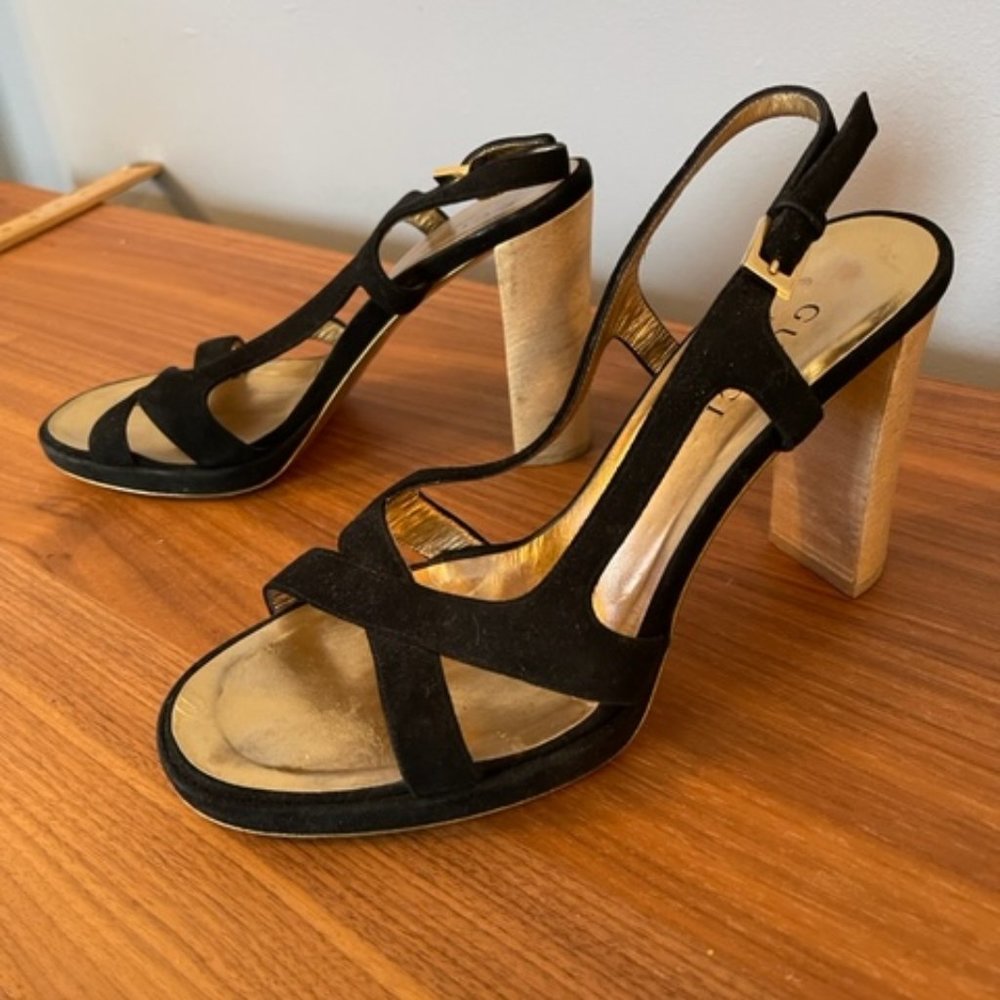 Gucci Black Suede & Wood Heels Size 8